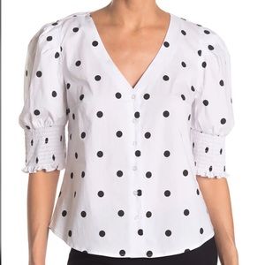 Laundry by Shelly Segal Smocked Puff Sleeve Top In Wht/ Blk Polka Dot